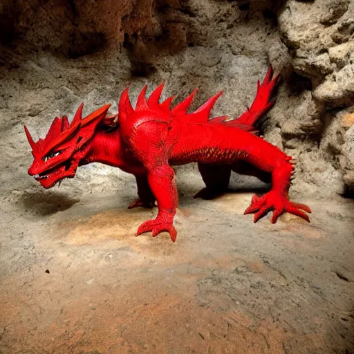 Prompt: photo of an ancient red dragon sitting menacingly in a cave