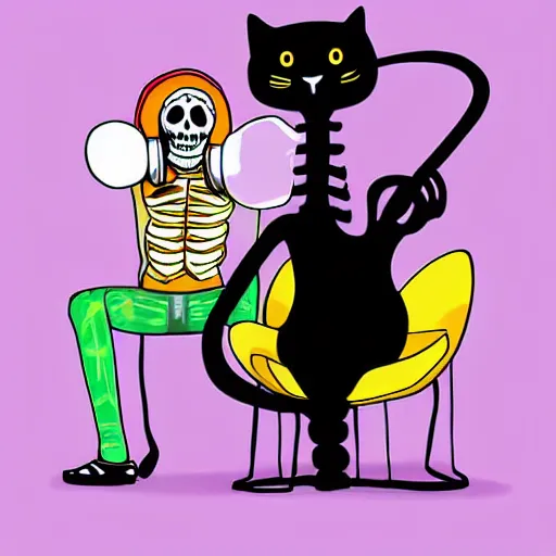 Image similar to skeleton wearing headphones watching girl playing guitar with her black cat standing next to her, digital art