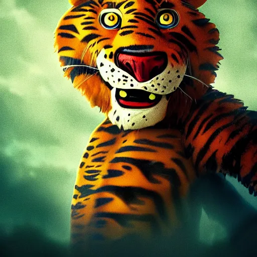 Prompt: a movie poster for a horror movie about Tony the Tiger, cinematic, dramatic lighting