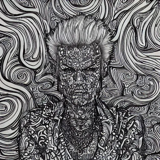 Prompt: Billy Idol, high detail, photorealistic, intricate line drawings, dotart, album art in the style of James Jean