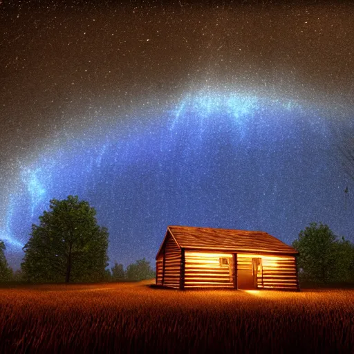 Image similar to a ultra realistic blue lightning arc over a cabin in the wood, by night. horror movie scene, stars in the sky. cow fences. complex, highly detailed, unreal engine 5, 8 k render