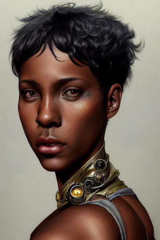 Image similar to photorealistic portrait of a young butch solarpunk black woman, handsome, female, masculine, upper body, fantasy, fierce, sharp features, intricate, elegant, highly detailed, digital painting, artstation, concept art, matte, sharp focus, illustration, art by artgerm and greg rutkowski and alphonse mucha