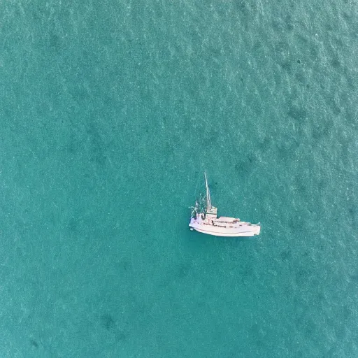 Prompt: aerial view of a lone boat in the middle of the ocean. 35mm. tilt shift. 8k. high resolution photo. detailed. sharp W-1024 H-1024
