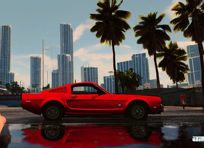 Image similar to still next - gen ps 5 game grand theft auto 6 2 0 2 4 remaster, graphics mods, rain, red sunset, people, rtx reflections, gta vi, miami, palms and miami buildings, photorealistic screenshot, unreal engine, 4 k, 5 0 mm bokeh, close - up ford mustang, gta vice city remastered, artstation