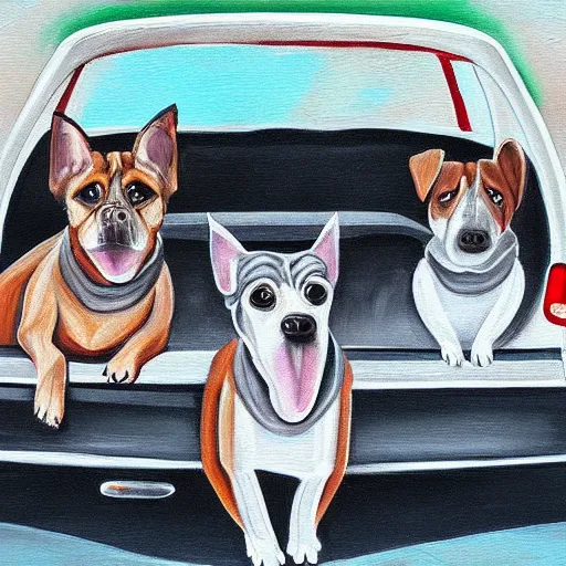 Prompt: “a painting by ducio of a three dogs in a car, highly detailed, trending on art station, 4k”