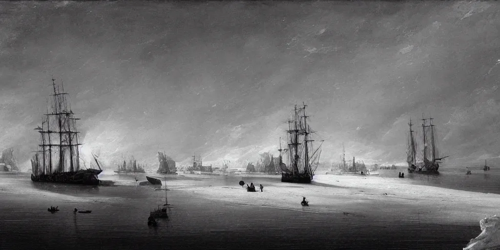 Prompt: “ an 1 8 0 0 s sail ship is stuck in solid white sea ice, completely frozen sea, the frozen sea is jagged and maze - like, towering ice ridges and spires and seracs, nighttime, stars visible, romanticist oil painting ”
