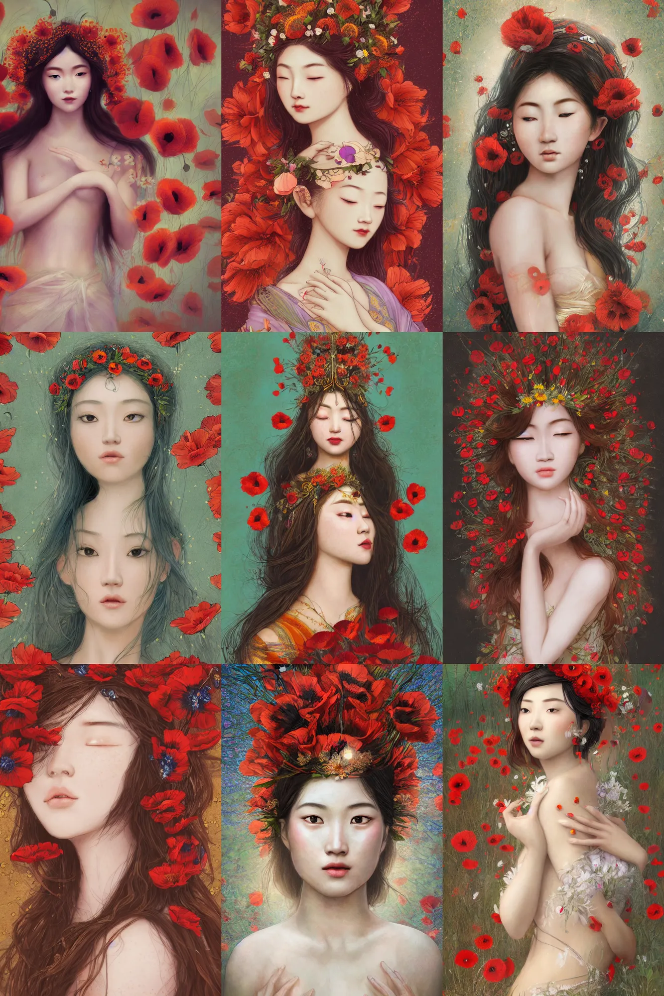 Prompt: Illustration of a beautiful asian goddess girl with freckles, with halo, wearing a flower headpiece made of red poppies, long flowy hair, surrounded by big flowers, porcelain skin, cinematic lighting, photo realistic, cinematic lighting, bokeh, warm lights, highly detailed, maya, digital painting, artstation, concept art, sharp focus, illustration, by Mucha, Raphael, Caravaggio, Beksinski, Giger