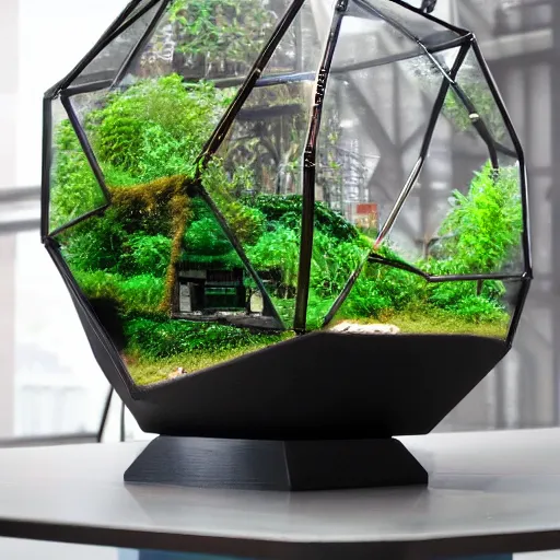 Image similar to a large terrarium with a realistic diorama of a reactor building and cooling tower inside on top of a minimalist table, lit from the side