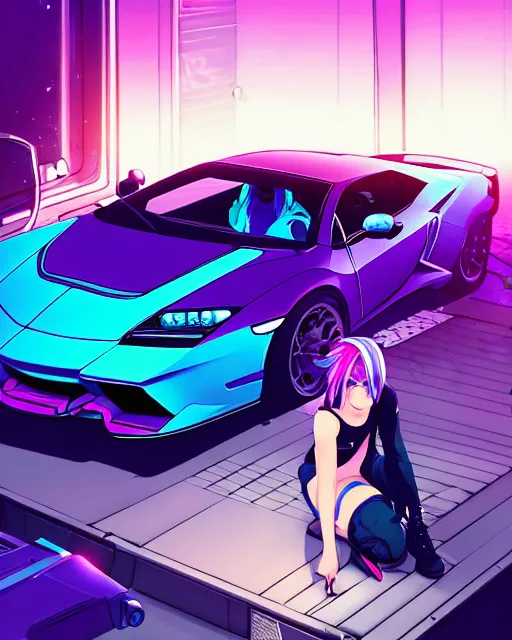 Image similar to digital illustration of cyberpunk pretty girl with blue hair, looking at a purple lamborghini, in junkyard at night, by makoto shinkai, ilya kuvshinov, lois van baarle, rossdraws, basquiat