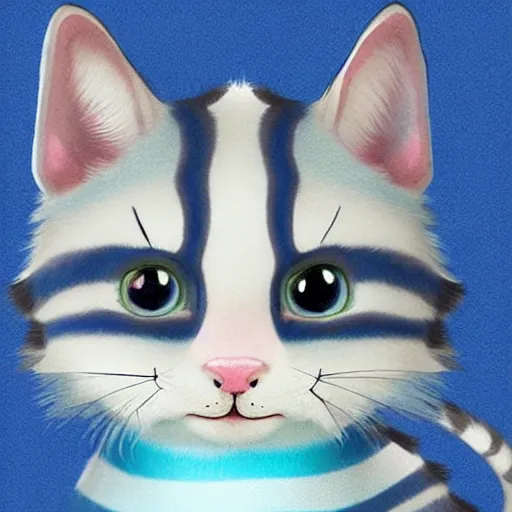 Prompt: cute blue striped cat of cheshire from alice in wonderland. an adorable cat with light blue stripes, blue eyes and a big playful smile. award - winning digital art by mona sundberg, trending on artstation