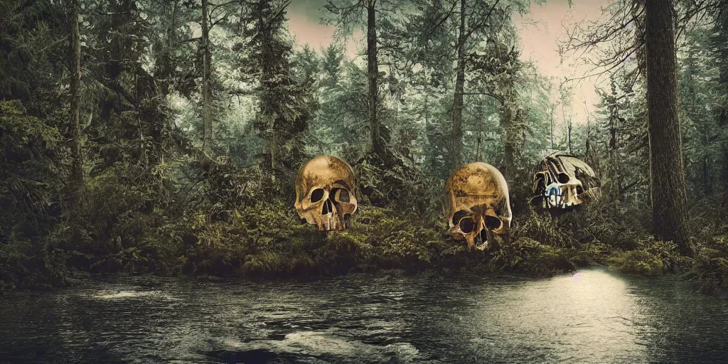 Image similar to a photo of a dream world, forest, river, skull, church