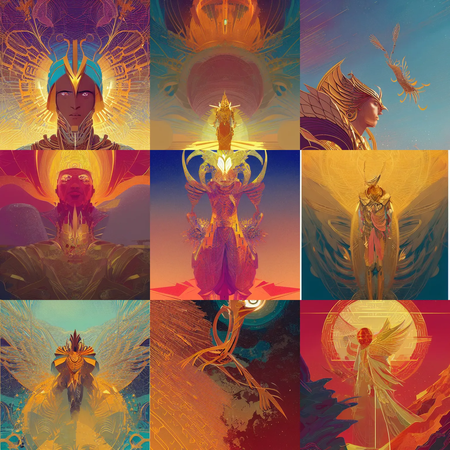 Prompt: Azir, golden god emperor of Shurima by Victo Ngai and James Gilleard and Bruce Pennington