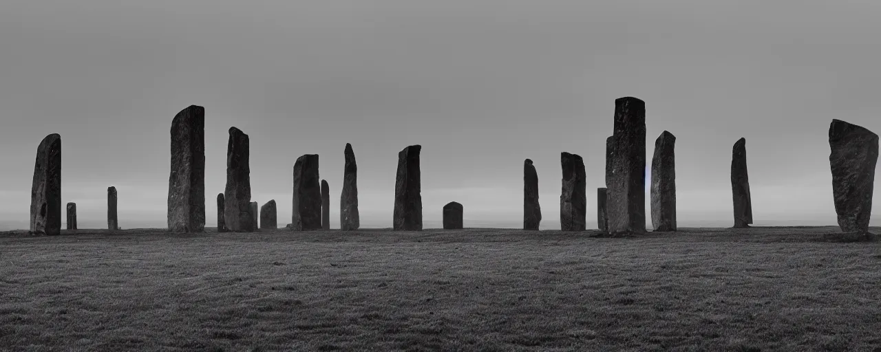 Image similar to The grim reaper stands stands among the neolithic standing stones of stenness, black and white, fog, grainy, snow, clouds