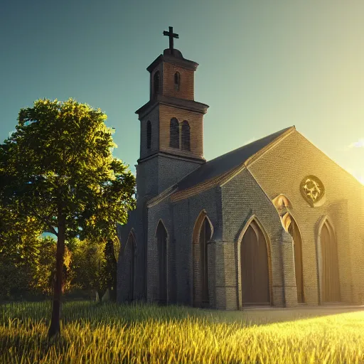 Image similar to church covered with vegetation volumetric lighting unreal engine vray tilt shift sun rays matte painting hyperrealism deviantart 8 k 3 d