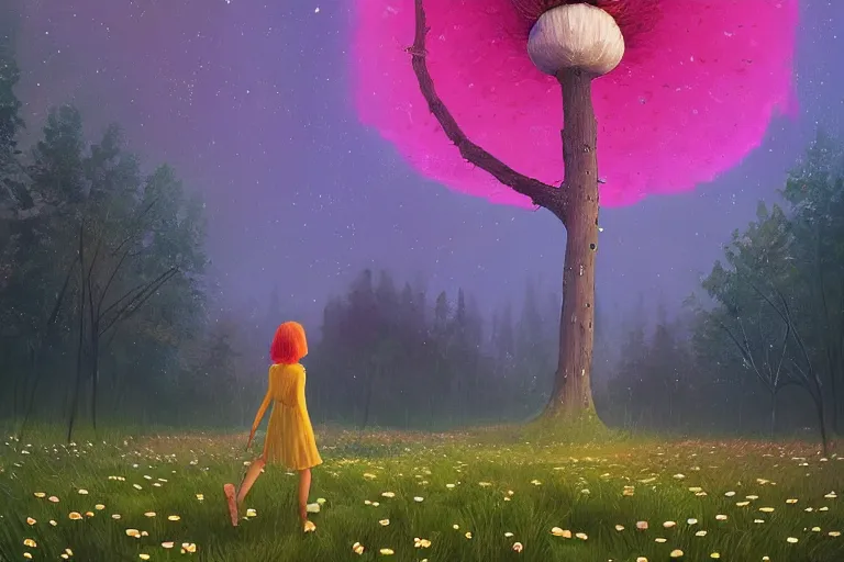 Image similar to giant daisy flower as a head, girl walking forest, big trees, hills, surreal photography, dark night, star trails, moon light, impressionist painting, clouds, digital painting, artstation, simon stalenhag