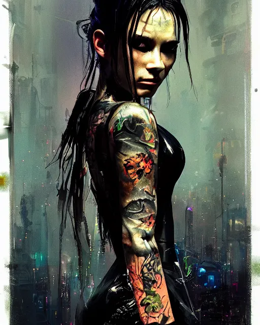Prompt: altered carbon, detailed portrait young gangster girl cyberpunk futuristic ( ( neon ) ) tattoes, styled hair reflective gauzy fine - spun film jacket, decorated traditional ornaments by carl spitzweg ismail inceoglu dragan bibin hans thoma greg rutkowski alexandros pyromallis nekro illustrated perfect face, fine details, realistic shaded, fine - face, pretty face