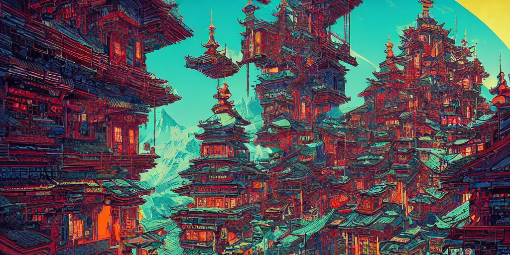 Prompt: Cyberpunk Dzogchen Mountain Temple, by Kilian Eng and Dan Mumford