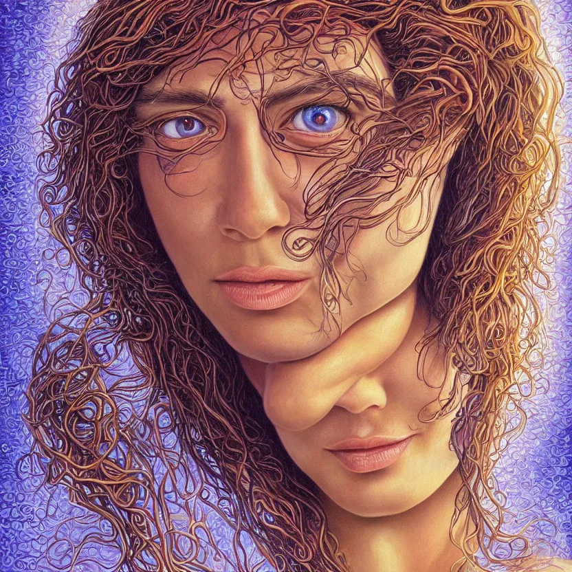 Image similar to perfectly centered portrait front view of a beautiful mushroom goddess, flowing hair, intense stare, sweet smile, symmetrical, concept art, intricate detail, volumetric shadows and lighting, realistic oil painting by alex grey,