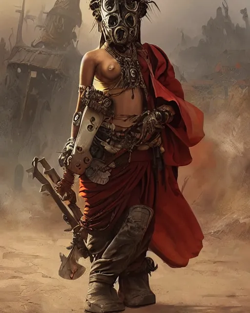 Image similar to hyper realistic photo of postapocalyptic tibetan monk cyborg girl with indonesian demon mask, sword and shield, full body, cinematic, artstation, cgsociety, greg rutkowski, james gurney, mignola, craig mullins, brom