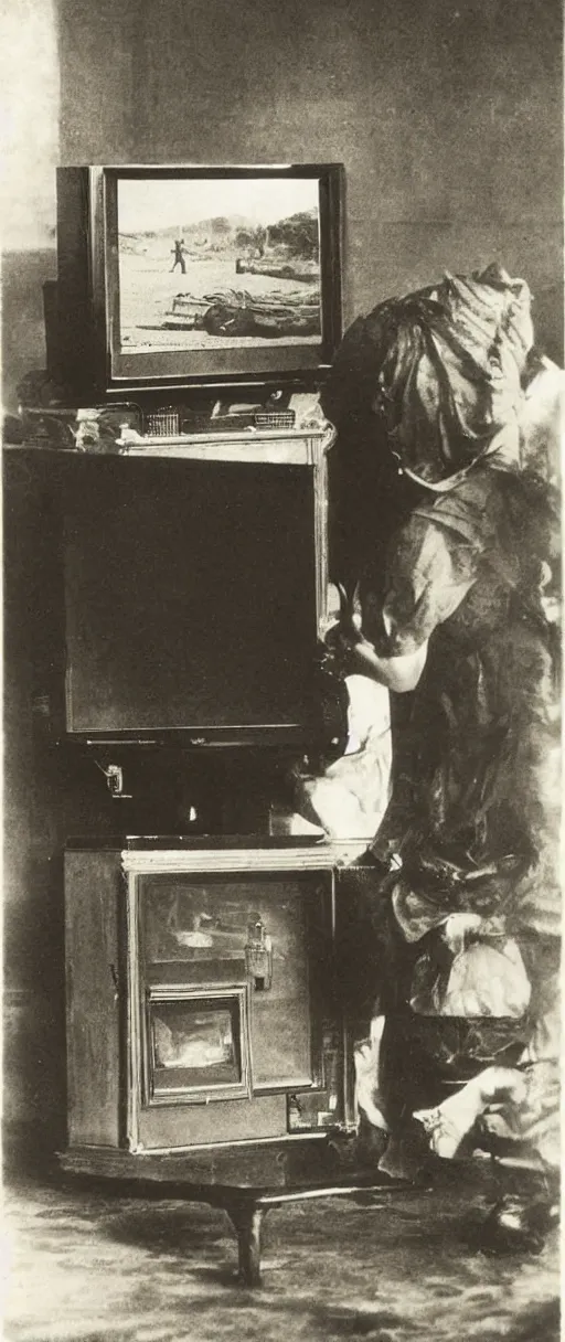 Image similar to 1 9 0 0 s photo of a person watching a flat screen hd tv