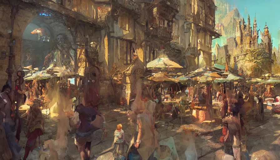 Prompt: craig mullins and ghibli digital illustration of a festival in the medieval city of the fae, faeries, fanciful, colorful, unreal engine, hyper realism, realistic shading, cinematic composition, realistic render, octane render, detailed textures, photorealistic, wide shot,