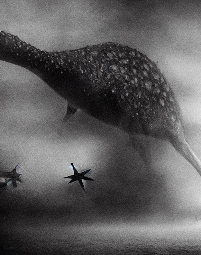 Image similar to very low - resolution found footage of a kaiju starfish - monster, fog, foggy, korean film noir, monochrome, red hue, thriller, underdeveloped, epic, dramatic