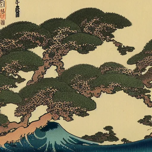 Image similar to painting of a lush natural scene on an alien planet by katsushika hokusai. beautiful landscape. weird vegetation. cliffs and water.
