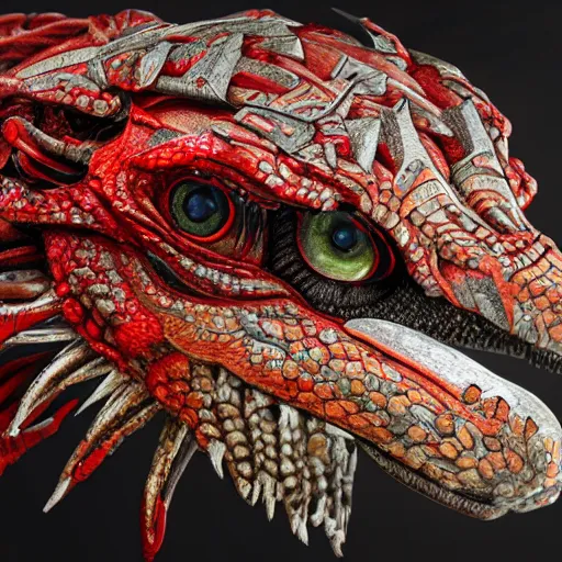 Image similar to 8k ultra realistic Illustration of a raptor with shining red eyes, detailed intricate ornate armour, decaing, cybernetic, full of colour, cinematic lighting, battered, trending on artstation, 4k, hyperrealistic, focused, extreme details, unreal engine 5, cinematic, masterpiece, art by ayami kojima, giger