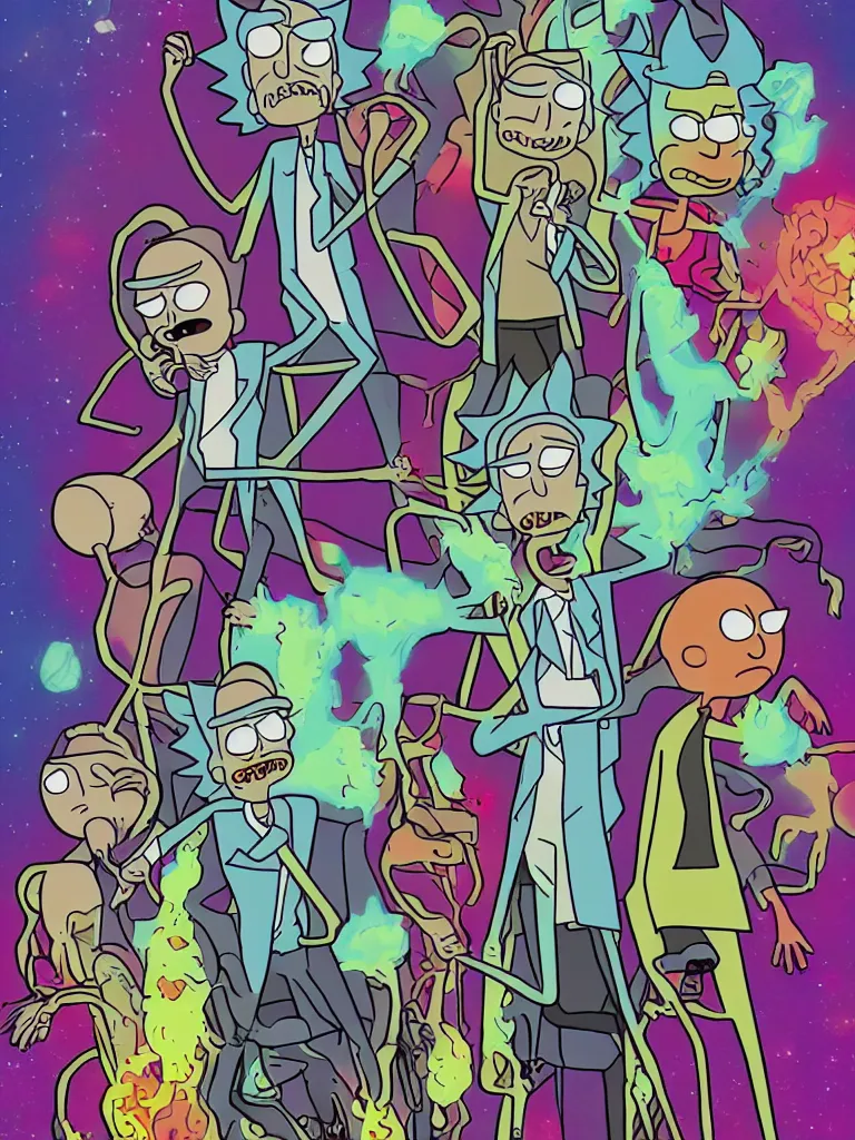 Prompt: rick and morty 6 0 s sci fi movie poster