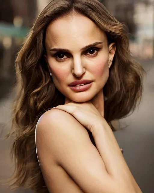 Image similar to Beautiful Head and shoulders portrait of confident flirty Natalie Portman with straight long brown hair, by Zoë Mozert , Stephen Wayda , alberto Vargas, arney freytag, artstation, 35mm, fashion photoshoot, posing in an urban street, golden hour, bokeh, rim lighting, fashion pose, octane, 4k