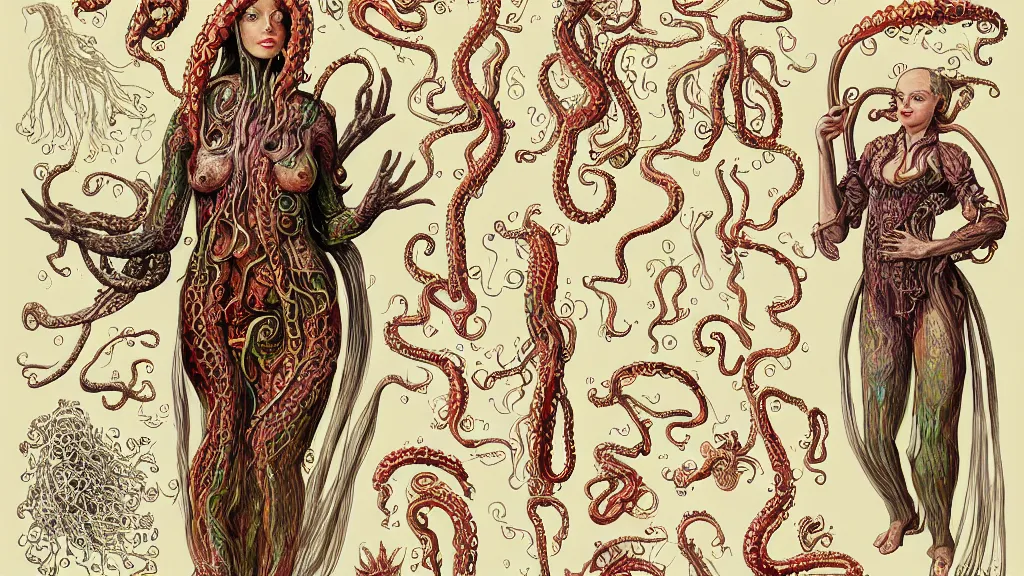 Image similar to aged paper, colorful character sheet for a stocky alien extraterrestrial female servant maid with thick snake - like tentacles instead of hair, long dress with apron, ernst haeckel, coherent, illustration, digital art, trending on artstation, hd, 8 k, good lighting, beautiful, rough paper, masterpiece