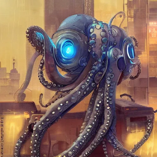 Image similar to Octopus using a computer, cyberpunk, realistic, detailed, Industrial Scifi, paint, watercolor, in the style of Ashley Wood and Wadim Kashin