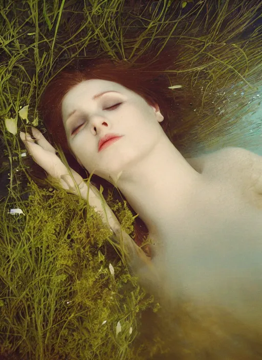 Prompt: lady laying under the river bed amongst the weeds, underwater shot, submerged, medium shot, on the bed of the river preraphaelite colour photography, 8 k