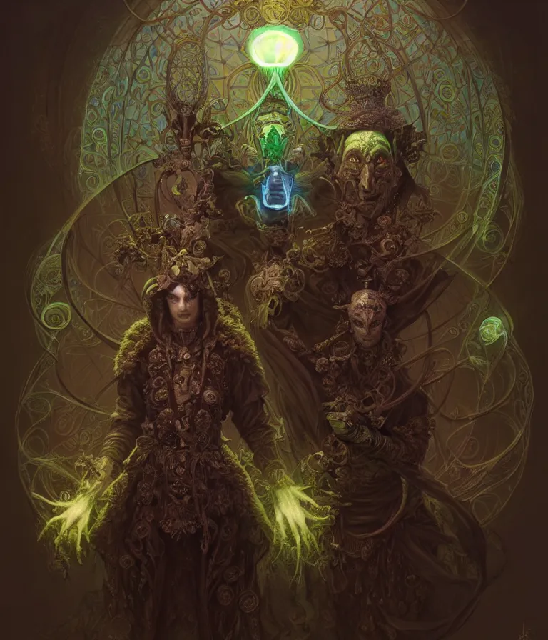 Image similar to front shot of a court jester character, hyperdimensional, bioluminescent hypercubes, dark holography!!!, (((intricate))), elegant, highly detailed, centered, (((artstation, concept art, smooth, sharp focus, artgerm, Tomasz Alen Kopera, Peter Mohrbacher, donato giancola, Joseph Christian Leyendecker, WLOP, Boris Vallejo))), mugshot!!!!!, ugly!!!!!!, octane render, nvidia raytracing demo, octane render, nvidia raytracing demo, octane render, nvidia raytracing demo, grainy, muted, 8K, digitalblasphemy, metatron