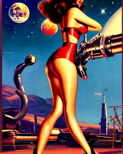 Prompt: closeup beautiful retro space megan fox posing with a chrome robot in diesel punk city at night, pinup, windblown dark hair, seductive, hyper detailed, digital art, smooth, sharp focus, gil elvgren, anna dittmann alberto vargas, 1 9 5 0, when mars attacks