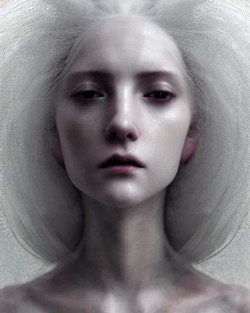 Prompt: delicate, dreamy, feminine, subsurface scattering, white, young beautiful bio - mechanical cyborg in cosmos long white hair floating in air, fluid smoke art, black and white, octane render, dino valls, mark ryden, joe fenton, michal karcz, highly detailed, rim light, art, cinematic lighting, very coherent, hyper realism, 8 k