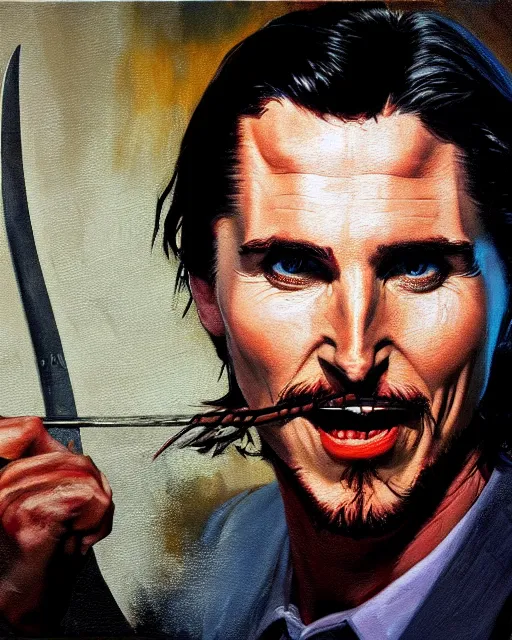 Prompt: oil painting portrait of christian bale american psycho holding an axe, cinematic lighting, high production value, intricate details, high resolution, hdr, high definition, masterpiece, realistic, ultrarealistic, highly detailed, hd, sharp focus, non blurry, sharp, smooth