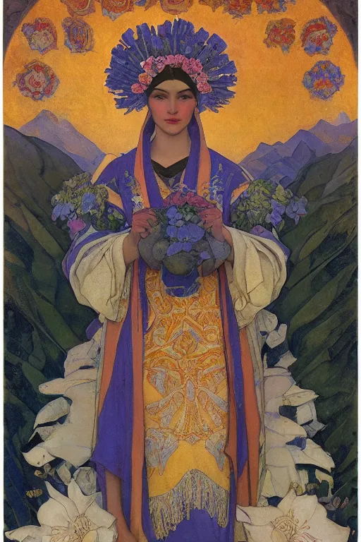 Image similar to queen of flowers in the snow, by Nicholas Roerich and Annie Swynnerton and Diego Rivera and John William Godward, dramatic cinematic lighting , ornate headdress , flowing robes, sacred artifacts, lost civilizations, smooth, sharp focus, extremely detailed