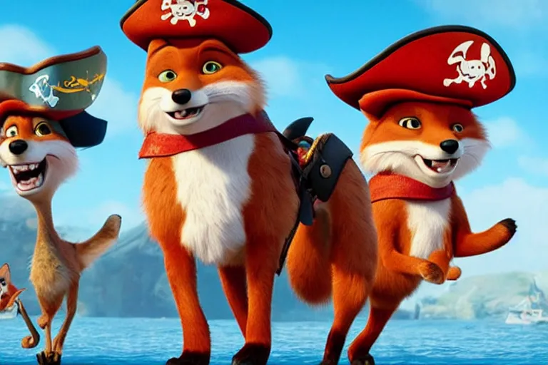 Image similar to promotional image of a fox as a pirate captain in the new pixar movie, very detailed face, movie still frame, promotional image, imax 70 mm footage