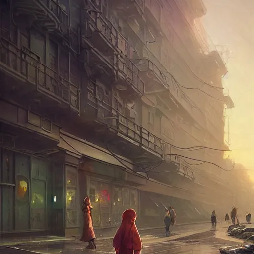 Prompt: People on the streets on the Moon city Noviy Norilsk, Russian panel houses sleeping quarters, sci-fi, fantasy, intricate, very very beautiful, elegant, digital painting, trending on Behance, concept art, smooth, sharp focus, illustration, art by artgerm and greg rutkowski and Evgeny Zubkov and alphonse mucha