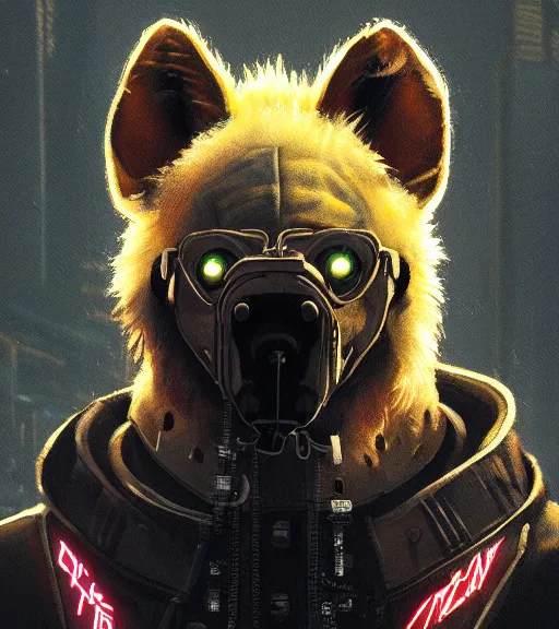 Image similar to new york city portrait icon of furry anthro anthropomorphic spotted hyena head animal person fursona wearing clothes strange cybernetic metal muzzle gloomy rainy screenshot from the video game cyberpunk 2077 digital art by Greg Rutkowski, Simon Stalenhag, christopher nolan trending on Artstation, CGSociety, Bladerunner 2049