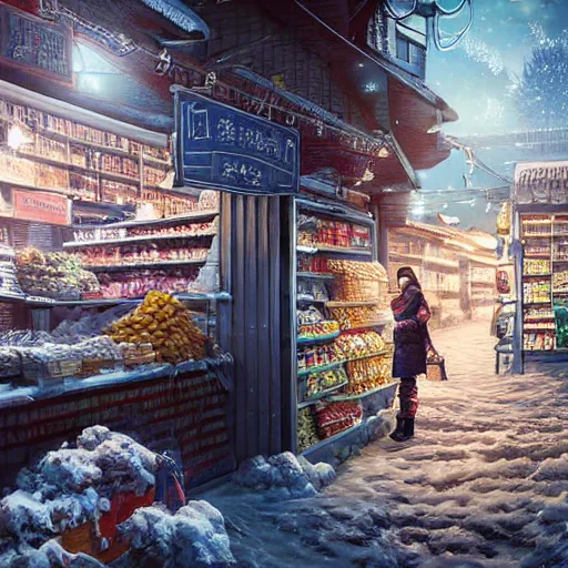 Prompt: the portrait a grocery young asia woman in down jacket, the background is a grocery store, winter, rural northeast an ultrafine hyperdetailed illustration by kim jung gi, irakli nadar, intricate linework, bright colors, octopath traveler, final fantasy, unreal engine 5 highly rendered, global illumination, radiant light, detailed and intricate environment