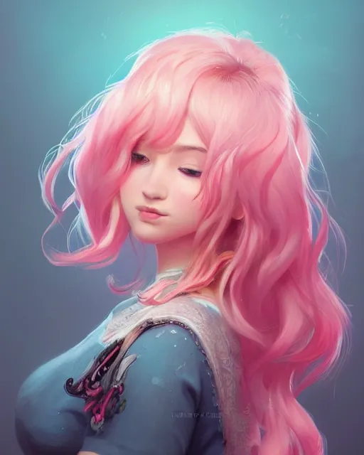 Prompt: beautiful norwegian girl pink blob hair, cute, intricate, highly detailed, digital painting, trending on artstation, concept art, smooth, sharp focus, backlit, rim light, vivid colors, illustration, unreal engine 5, 8 k, art by rossdraws and alphonse mucha