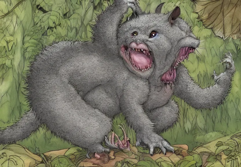 Image similar to possum monster hidden in the forest, colorized, highly detailed, 4k, trending on Artstation, award-winning, art by Maurice Sendak