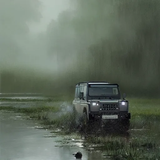 Prompt: a landrover crossing the a swamp while its raining, digital art, artstation, photgraphy, highly detailed, digital painting, artstation, concept art, sharp focus, illustration, art by greg rutkowski and artgerm