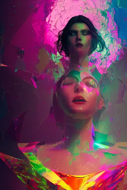 Prompt: a beautiful woman standing on a floor of broken mirror glass, psychedelic colors, artstation, 4k, octane render