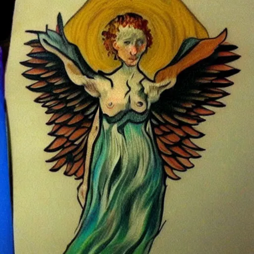 Prompt: realism!!!! tattoo design sketch of a Magestic Angel, van gogh!! style, in the style of Da Ink