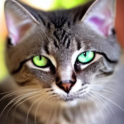 Image similar to cute greyish brown tabby cat mix with (((light green eyes))), white nose bridge, (((pink nose))), slightly weird, mixed with a margay