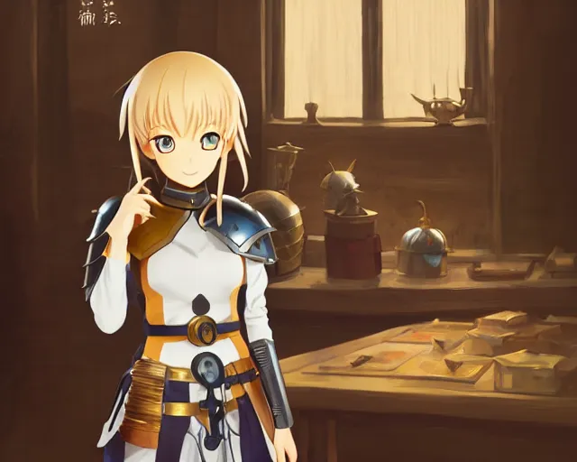 Image similar to anime visual, portrait of a young female knight wearing armor in a alchemist's shop interior, cute face by yoh yoshinari, katsura masakazu, studio lighting, dynamic pose, dynamic perspective, strong silhouette, anime cels, ilya kuvshinov, cel shaded, crisp and sharp, rounded eyes, moody