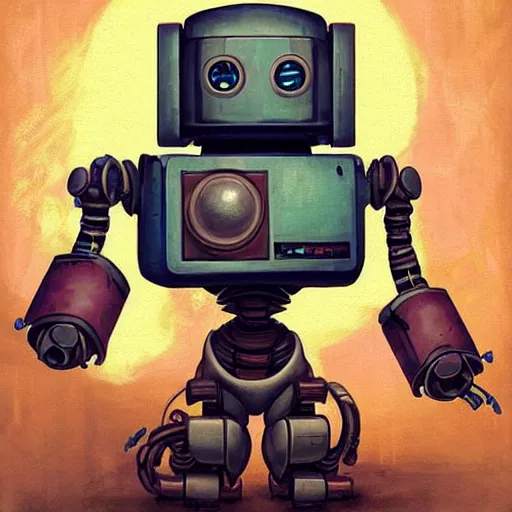 Image similar to robot [ thing ], holding a boombox, holding a bomb, tiny, small, short, cute and adorable, pretty, beautiful, dnd character art portrait, matte fantasy painting, deviantart artstation, by jason felix by steve argyle by tyler jacobson by peter mohrbacher, cinema